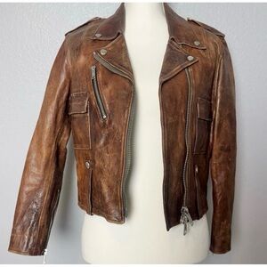 Golden Goose Brown Distressed Leather Biker Jacket, Size S (estimated)